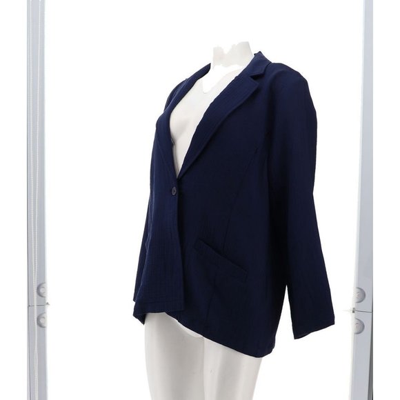 NWT JOAN RIVERS CRINKLE TEXTURE BUTTON FRONT BLAZER NAVY MEDIUM - Picture 2 of 10